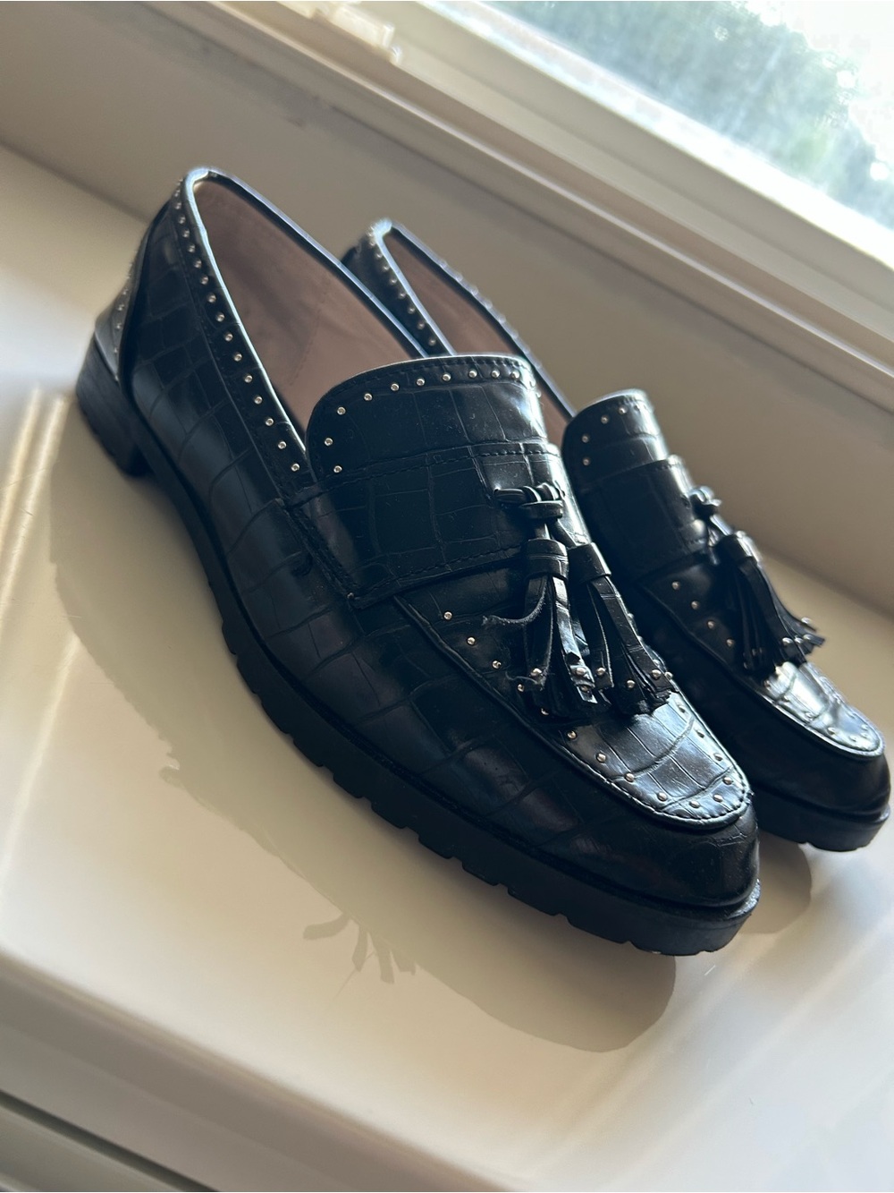 Zara Black Croc-Embossed Tassel Loafers with Stud Trim